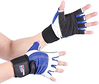 Brawn Fit Leather Weight Lifting Gloves with Wrist Support - Best Padded Workout Gloves Gym Men & Women Powerlifting, Cross Training Wrap  Hand Grip & Palm Protection Lifting (Blue/White, Large)