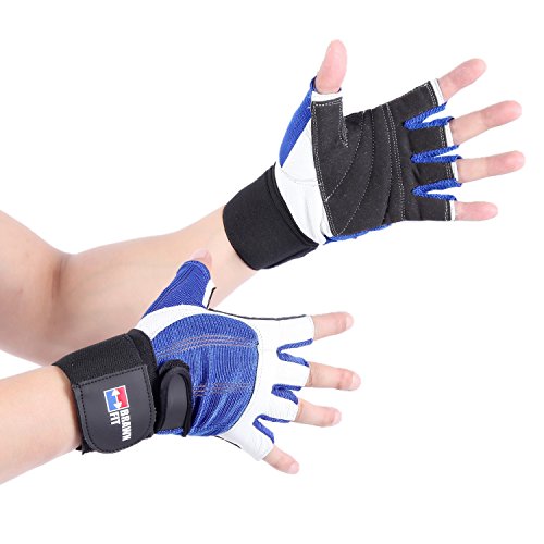 Brawn Fit Leather Weight Lifting Gloves with Wrist Support - Best Padded Workout Gloves Gym Men & Women Powerlifting, Cross Training Wrap  Hand Grip & Palm Protection Lifting (Blue/White, Large)