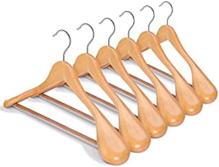 HOUSE DAY Wide Shoulder Wooden Hangers 6 Pack with Non Slip Pants Bar, Smooth Finish 360° Swivel Hook Solid Wood Suit Hangers Coat Hangers for Dress, Jacket, Heavy Clothes (Natural)