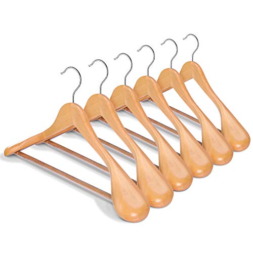 HOUSE DAY Wide Shoulder Wooden Hangers 6 Pack with Non Slip Pants Bar, Smooth Finish 360° Swivel Hook Solid Wood Suit Hangers Coat Hangers for Dress, Jacket, Heavy Clothes (Natural)