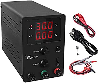 Flycow DC Power Supply Variable, Adjustable 30V 10A Switching DC Regulated Power Supply with 3 Digit LED Display Reverse Polarity/High Temperature Protection 110V/100CM Alligator Leads Included