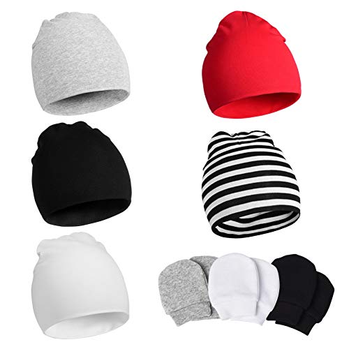 Momcozy Baby Beanie Hat, Unisex Infant Hat and Newborn Mittens 8-Pieces Set, Cotton Soft Caps and Scratch Mittens for Baby Boys Girls 0-12 Months