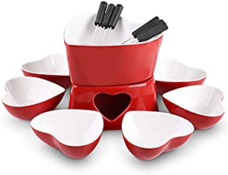 [Bigger Size and Improved] Zen Kitchen Fondue Pot Set, Glazed Ceramic Fondue Set for Chocolate Fondue or Cheese Fondue  Perfect Gift Idea for Housewarming or Birthday Gift (Cherry Red)