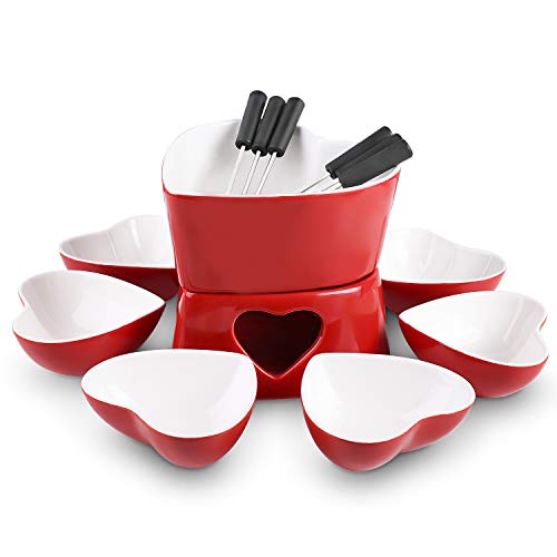 [Bigger Size and Improved] Zen Kitchen Fondue Pot Set, Glazed Ceramic Fondue Set for Chocolate Fondue or Cheese Fondue  Perfect Gift Idea for Housewarming or Birthday Gift (Cherry Red)