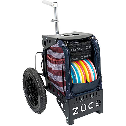 Dynamic Discs Compact Cart by ZÜCA | Disc Golf Caddy | Disc Golf Bag Insert Included | Built-in Disc Golf Seat | Two Water Bottle Holders Included (Stars and Stripes)