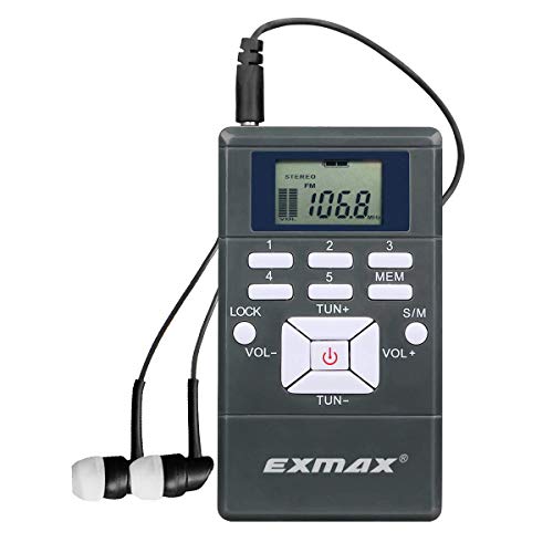 EXMAX EXG-108 Wireless Stereo FM Radio Receiver Portable Pocket Small Mini FM Radio Receiver Earbuds LCD Clock Earphone for FM Translator Tour Guide System Jogging Running Walking Yardwork - Gray