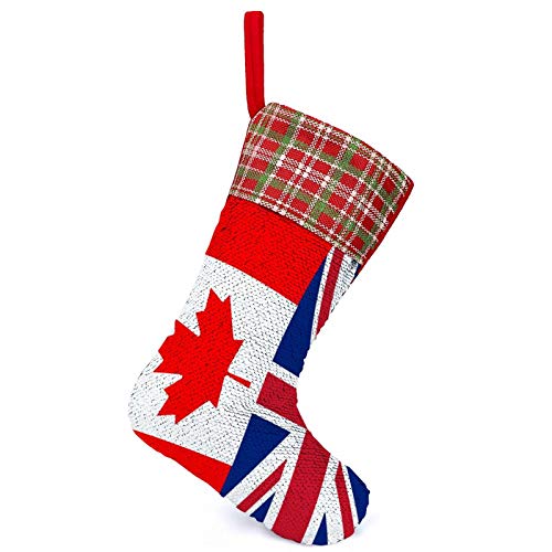 Gdewcro Canada and UK British Flag Sequin Bling Bling Christmas Stocking Reversible Color Changing Magical Stocking,for Ornament Fireplace Xmas Tree Holiday Party Decoration