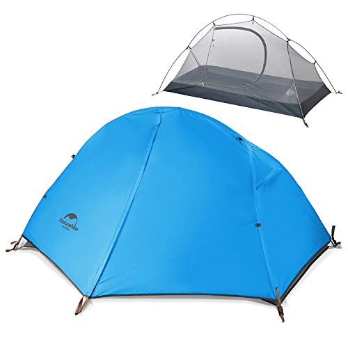 Naturehike Backpacking Camping Tent 1 Person Ultralight Waterproof Anti-UV Double Layer Portable for Outdoor Hiking Cycling Bikepacking, 4 Season, Easy Setup, Large Size with Footprint - 210T Sky Blue