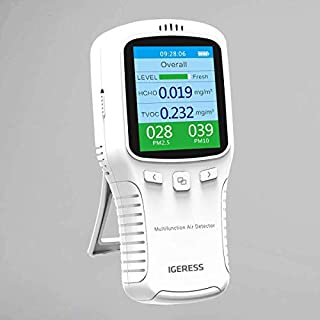 Air Quality Detector IGERESS Multifunctional Indoor Air Quality Meter Monitor with Colorful LCD Screen and Holder for Formaldehyde (HCHO) VOC PM2.5 PM10 Accuracy Tester (White)