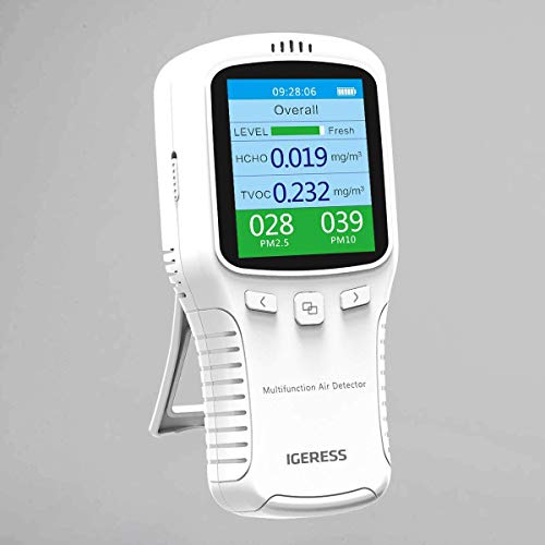 Air Quality Detector IGERESS Multifunctional Indoor Air Quality Meter Monitor with Colorful LCD Screen and Holder for Formaldehyde (HCHO) VOC PM2.5 PM10 Accuracy Tester (White)