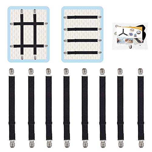 QoeCycth Adjustable Bed Sheet Straps Clips, Elastic Mattress Sheet Fasteners Holder and Suspenders, Grippers to Hold Sheet, Mattress, Sofa, Couch, Table Cloth, Ironing Board Cover, 8Pcs, Black