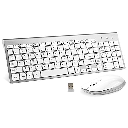 Wireless Keyboard and Mouse Combo, FENIFOX USB Slim 2.4G Wireless Keyboard Mouse Full-Size Ergonomic Compact with Number Pad for Laptop PC Computer - Silver White