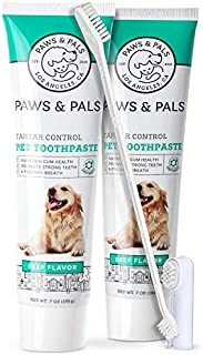 Paws & Pals Dog Toothbrush - Pet Dental Care Kit with Brush, Tooth-Paste & Dual Finger Brush - Teeth Cleaning Set Best for Doggy, Cat, Puppy, Kitten - Beef Flavor - 7oz Tube - 2 Pack