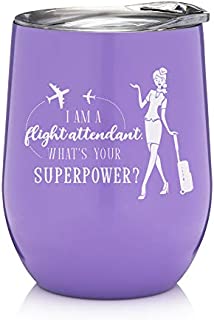 Flight Attendant Gifts - 12oz Wine Tumbler with Lid - Stainless Steel Travel Mug, Cup - Stewardess - Aviation Gifts - Flight School, Initial Training Graduation Gift