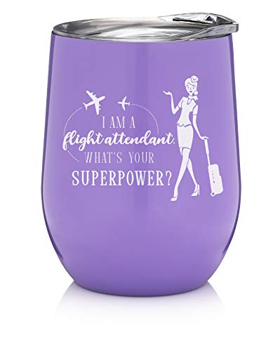 Flight Attendant Gifts - 12oz Wine Tumbler with Lid - Stainless Steel Travel Mug, Cup - Stewardess - Aviation Gifts - Flight School, Initial Training Graduation Gift