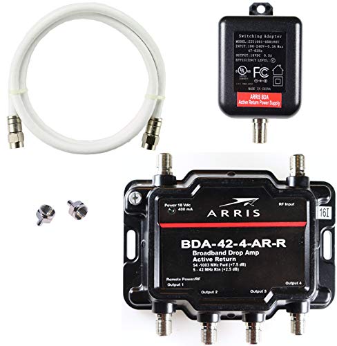 Arris 4-Port Cable, Modem, TV, OTA, Satellite HDTV Amplifier Splitter Signal Booster with Active Return And Coax Cable Package - cableTVamps