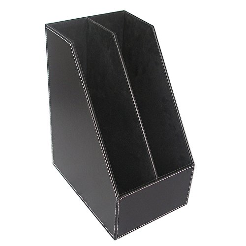 KINGFOM Wooden Leatherette Desktop File Folder Organizer and Document File Stand Journals Magazine Rack 2 Slots (black)