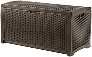 Suncast 73-Gallon Medium Deck Box - Lightweight Resin Indoor/Outdoor Storage Container and Seat for Patio Cushions and Gardening Tools - Store Items on Patio, Garage, Yard - Mocha Brown