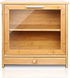 Natural Bamboo Bread Box, 2 Adjustable Layer Bread Storage Bin with Clear Front Window and Tool Drawer, 15.7