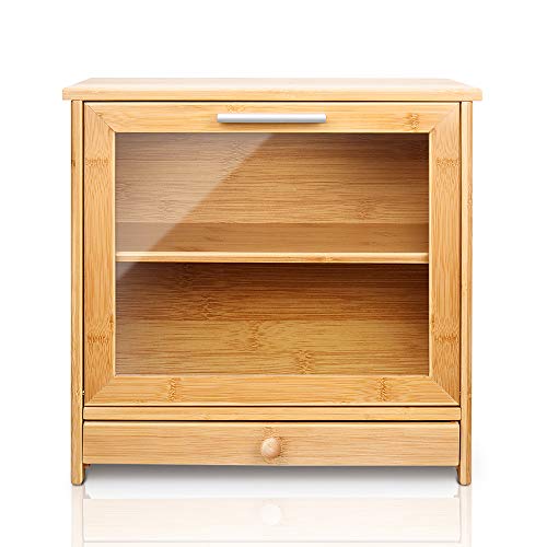 Natural Bamboo Bread Box, 2 Adjustable Layer Bread Storage Bin with Clear Front Window and Tool Drawer, 15.7