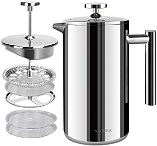 Secura French Press Coffee Maker, 304 Grade Stainless Steel Insulated Coffee Press with 2 Extra Screens, 50oz (1.5 Litre), Silver