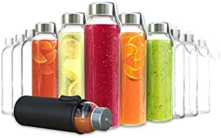 Chef's Star Glass Water Bottles - 12 Pack of Glass Bottles with Caps - 18 oz Juice Bottles- Protection Sleeve Included - Featuring Stainless Steel Leak-Proof Lids with Carrying Strap