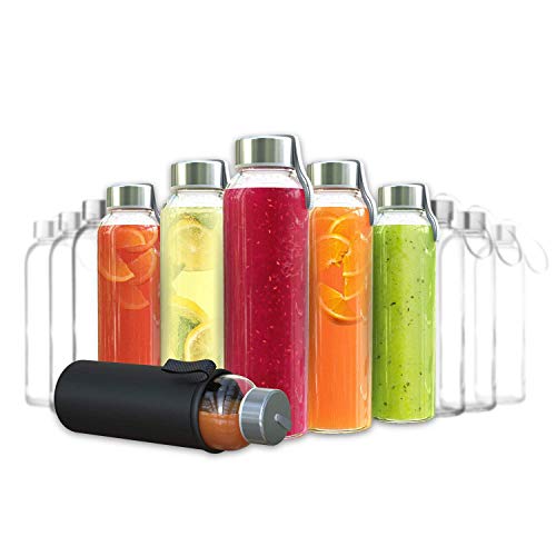 Chef's Star Glass Water Bottles - 12 Pack of Glass Bottles with Caps - 18 oz Juice Bottles- Protection Sleeve Included - Featuring Stainless Steel Leak-Proof Lids with Carrying Strap