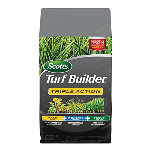 Scotts 26003 Turf Builder Triple Action Kills Weeds Including Dandelions & Clover Prevents Crabgrass 4 Months, 4,000 sq. ft, Feeds & Fertilizes To Build Thick Green Lawns