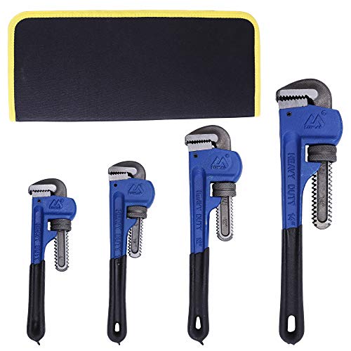 4 Pack Set Heavy Duty Pipe Wrench Set Heat Treated Adjustable 8, 10, 12, 14 Inches Soft Grip Plumbing Wrench Set with Storage Bag