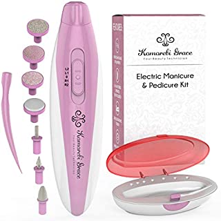 Electric Nail File Manicure & Pedicure Set: 2-Speed Battery Operated Nail File Kit w Portable Nail Drill Grinder, Buffer, Shaper, Polisher and Cuticle Pusher for Natural Finger Nails & Toe Nails Care