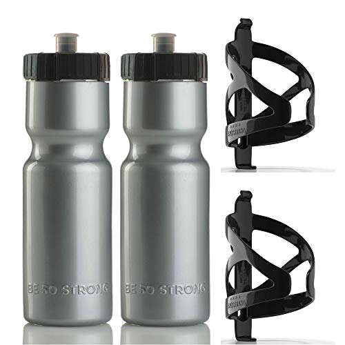 50 Strong Bike Bottle Holder with Water Bottle - 2 Pack - 22 oz. BPA Free Bicycle Squeeze Bottle and Durable Plastic Holder Cage- Made in USA (Silver)