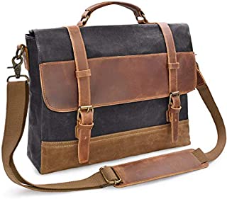 Mens Messenger Bag 15.6 Inch Waterproof Vintage Genuine Leather Waxed Canvas Briefcase Large Satchel Shoulder Bag Rugged Leather Computer Laptop Bag Grey