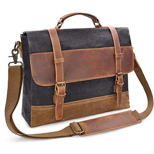 Mens Messenger Bag 15.6 Inch Waterproof Vintage Genuine Leather Waxed Canvas Briefcase Large Satchel Shoulder Bag Rugged Leather Computer Laptop Bag Grey