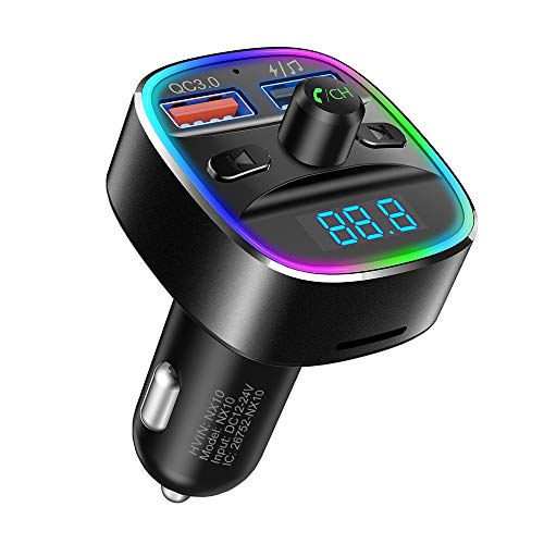 Nulaxy Bluetooth FM Transmitter for Car, QC3.0 & 7 Colors LED Backlit Car Radio Bluetooth Adapter Music Player Hands Free Car Kit with SD Card Slot, Supports USB Flash Drive - NX10 (Black)