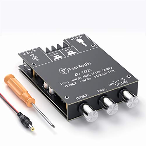 Bluetooth 5.0 Stereo Audio Receiver Amplifier Board 2 Channel Mini Wireless High Power Digital AUX Amp Module Bass and Treble Control for Home Passive Speakers TPA3116D2 50W x 2 Fosi Audio ZK-502T