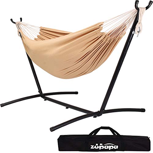 Zupapa Double Hammock with Stand and Carrying Case, 10Feet Portable Hammock Frame, 2 People Hammock Combo for Backyard Garden Camping Patio Indoor Outdoor