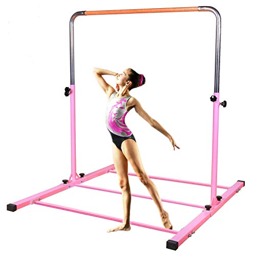 SHIWEI TJ Fitness Gymnastics Training Bar- Height Adjustable 3' to 5' Horizontal Kip Bar for Kids (Pink)