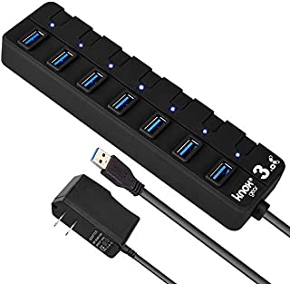 Knox 7 Port USB Hub - Universal High Speed USB 3.0 with Individual Switches and LED Lights  Dual 5v Power Adapter or USB  Compact Desk Charging Station, Data Center, Computer Accessories Splitter