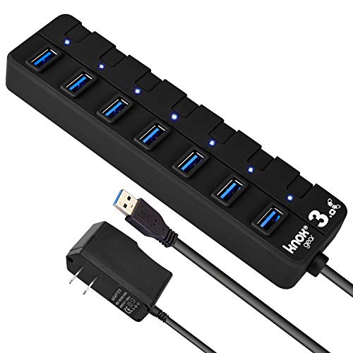 Knox 7 Port USB Hub - Universal High Speed USB 3.0 with Individual Switches and LED Lights  Dual 5v Power Adapter or USB  Compact Desk Charging Station, Data Center, Computer Accessories Splitter