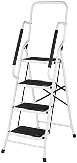 LivingSURE Folding 4-Step Safety Ladder  Padded Side Handrails  Kitchen and Household Use  White