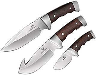 Mossy Oak Fixed Blade Hunting Knife Set - 3 Piece, Full Tang Wood Handle Straight Edge and Gut Hook Blades Game Processing Knife Set, Sheath Included