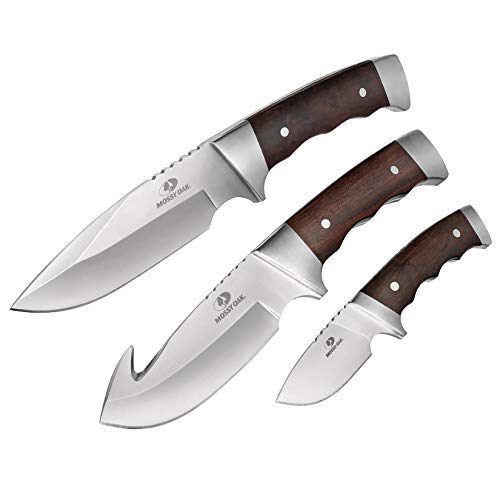 Mossy Oak Fixed Blade Hunting Knife Set - 3 Piece, Full Tang Wood Handle Straight Edge and Gut Hook Blades Game Processing Knife Set, Sheath Included