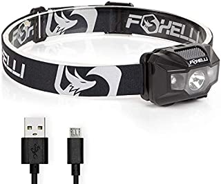 Foxelli USB Rechargeable Headlamp Flashlight - 180 Lumen, up to 40 Hours of Constant Light on a Single Charge, Bright White Led + Red Light, Compact, Easy to Use, Lightweight & Comfortable Headlight