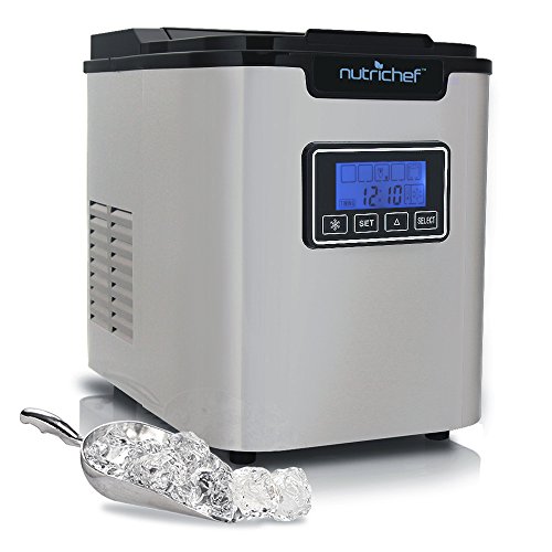 Countertop Digital Ice Cube Maker - Upgraded Portable Stainless Steel Ice Molder Machine, Stain Resistant w/Built-in Freezer, Over-Sized Ice Bucket Machine w/Easy-Touch Buttons, Silver - NutriChef