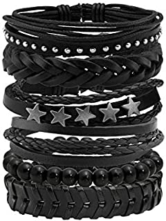 JJDreams 6 Pcs Braided Leather Bracelets Set Wooden Beads Wrap Cord Cuff Bracelet Adjustable for Men