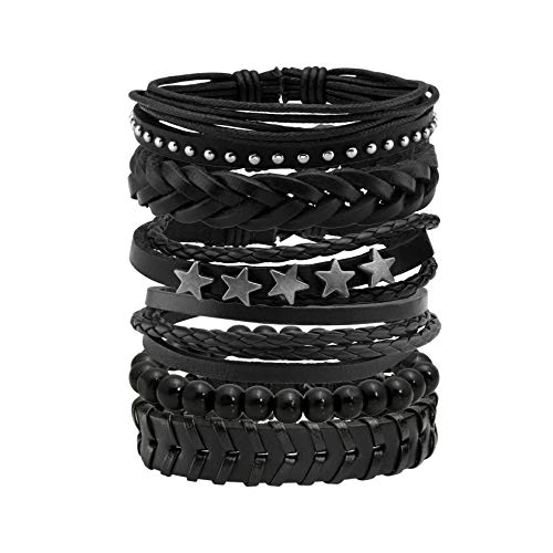 JJDreams 6 Pcs Braided Leather Bracelets Set Wooden Beads Wrap Cord Cuff Bracelet Adjustable for Men