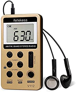 Retekess V112 AM FM Radio Portable Mini Radio with Earphone Pocket Digital Tuning Rechargeable Battery LCD Display for Walking Jogging(Gold)