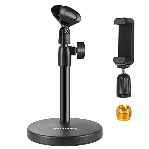 BILIONE 3 in 1 Multi-Function Desktop Microphone Stand, Adjustable Table Mic Stand with Microphone Clip, Cell Phone Clip, 5/8