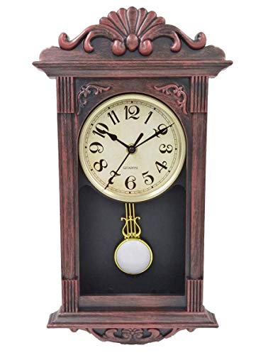 LIN'A3 Retro Pendulum Wall Clock Vintage Clock Antique Plastic Grandfather Plastic Wall Clock with Pendulum Non Ticking Silent,41x22x7cm (Bronze Red)