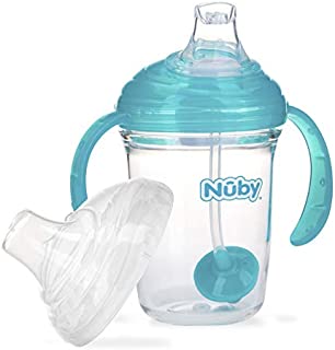 Nuby No Spill 360 Weighted Straw Grip N' Sip Tritan Cup with Hygienic Cover, 8 Oz, Trainer Cup, Teal